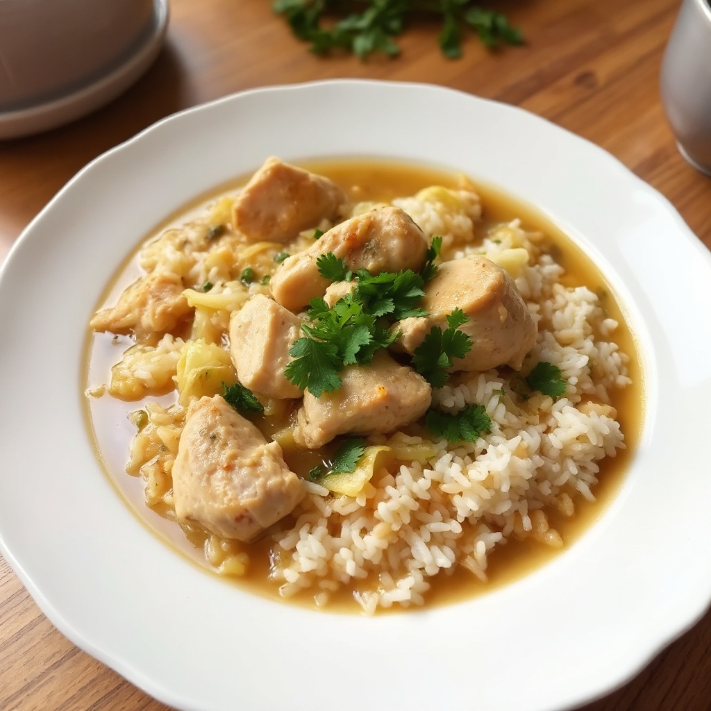 Herzhafter Hühner- und Reissuppe mit Kohl