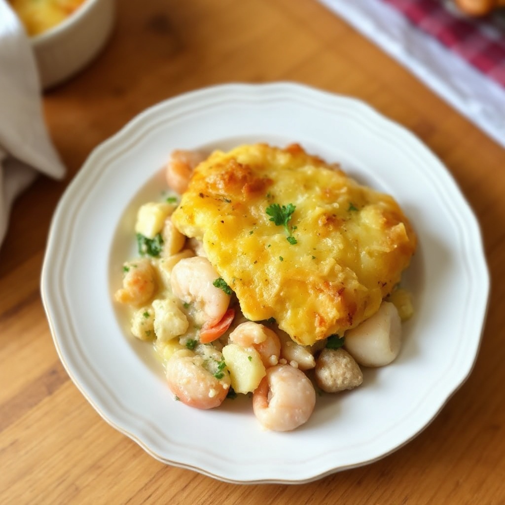 Meeresfrüchte-Pie mit knusprigem Cheddar-Kartoffeltopping