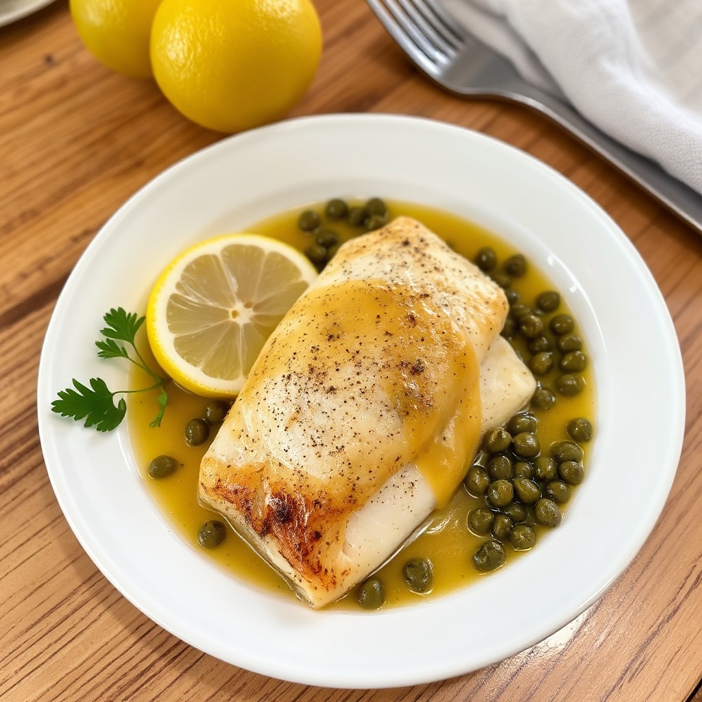 In der Pfanne gebratenen Fisch mit Zitronen-Kapern-Buttersoße