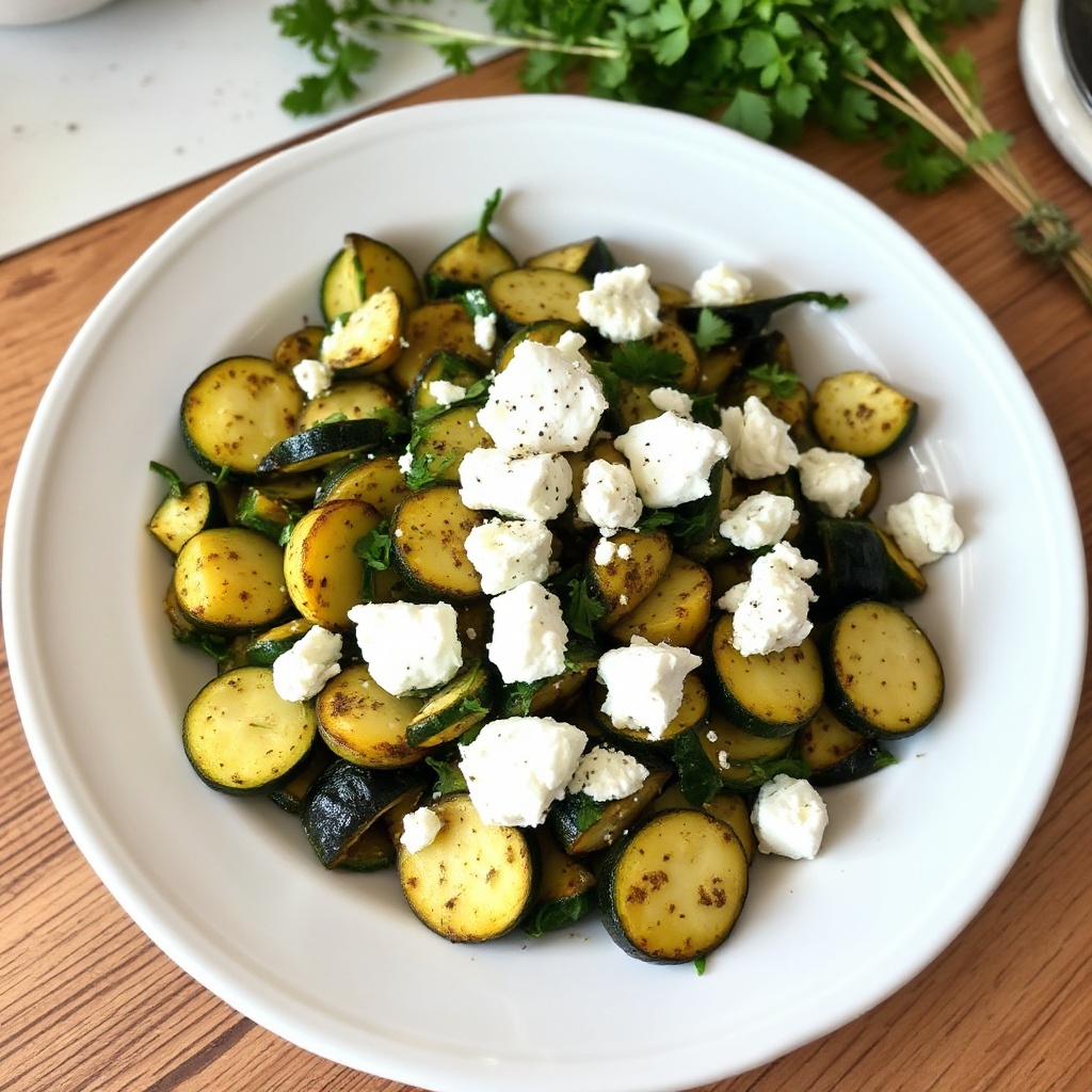 Zucchini und Kräuterpfanne mit zerbröckeltem Feta