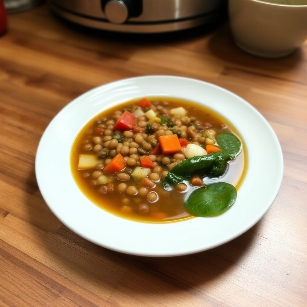 Langsame Kochzeit Herzhaftes Linsen- und Spinat-Suppe