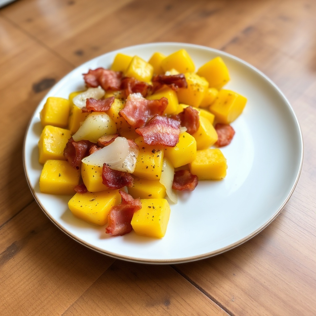 Herzhafte gelbe Zucchini-Pfanne mit knusprigem Speck