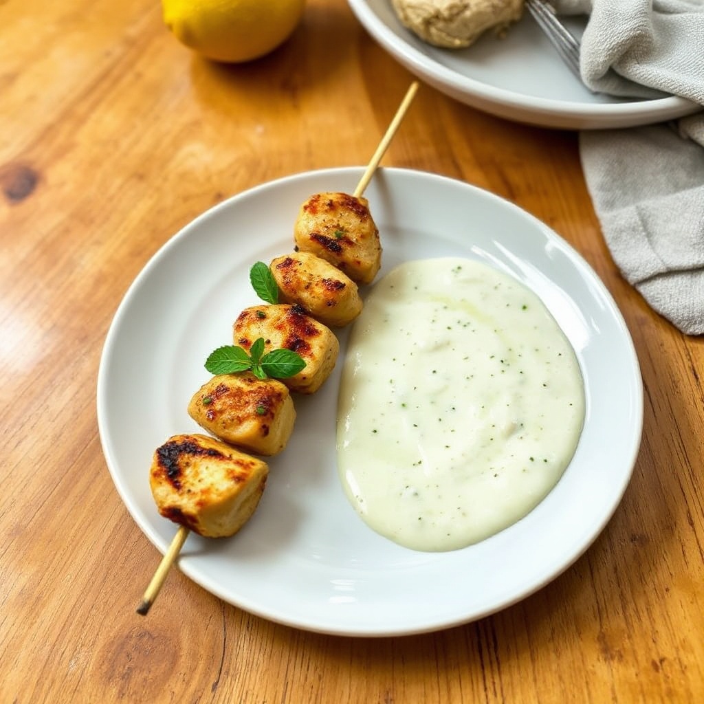 Gegrillte Hähnchenspieße mit Knoblauch-Zitronensauce
