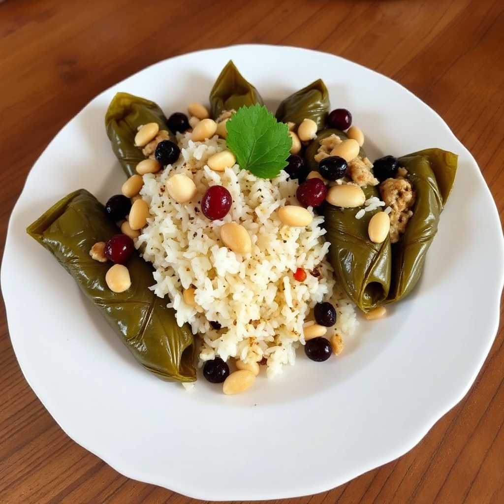 Stuffed Grape Leaves with Pine Nuts and Currants