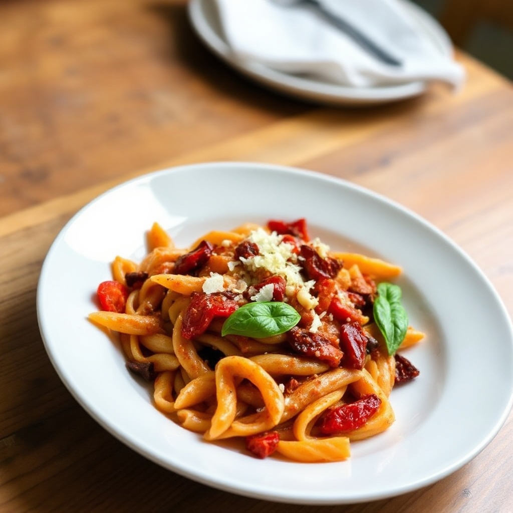 Penne with Roasted Red Pepper and Sun-Dried Tomato Pesto
