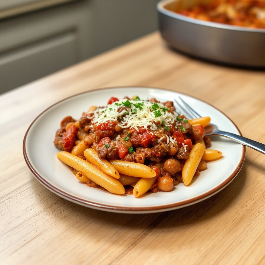Herzhafter Wurst- und Bohnen-Pasta-Auflauf