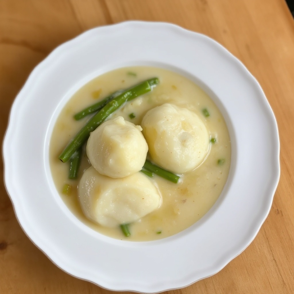 Cremige grüne Bohnen- und Kartoffelknödelsuppe