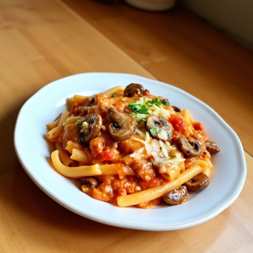 Cremige Pilz- und Cheddar-Pasta-Auflauf