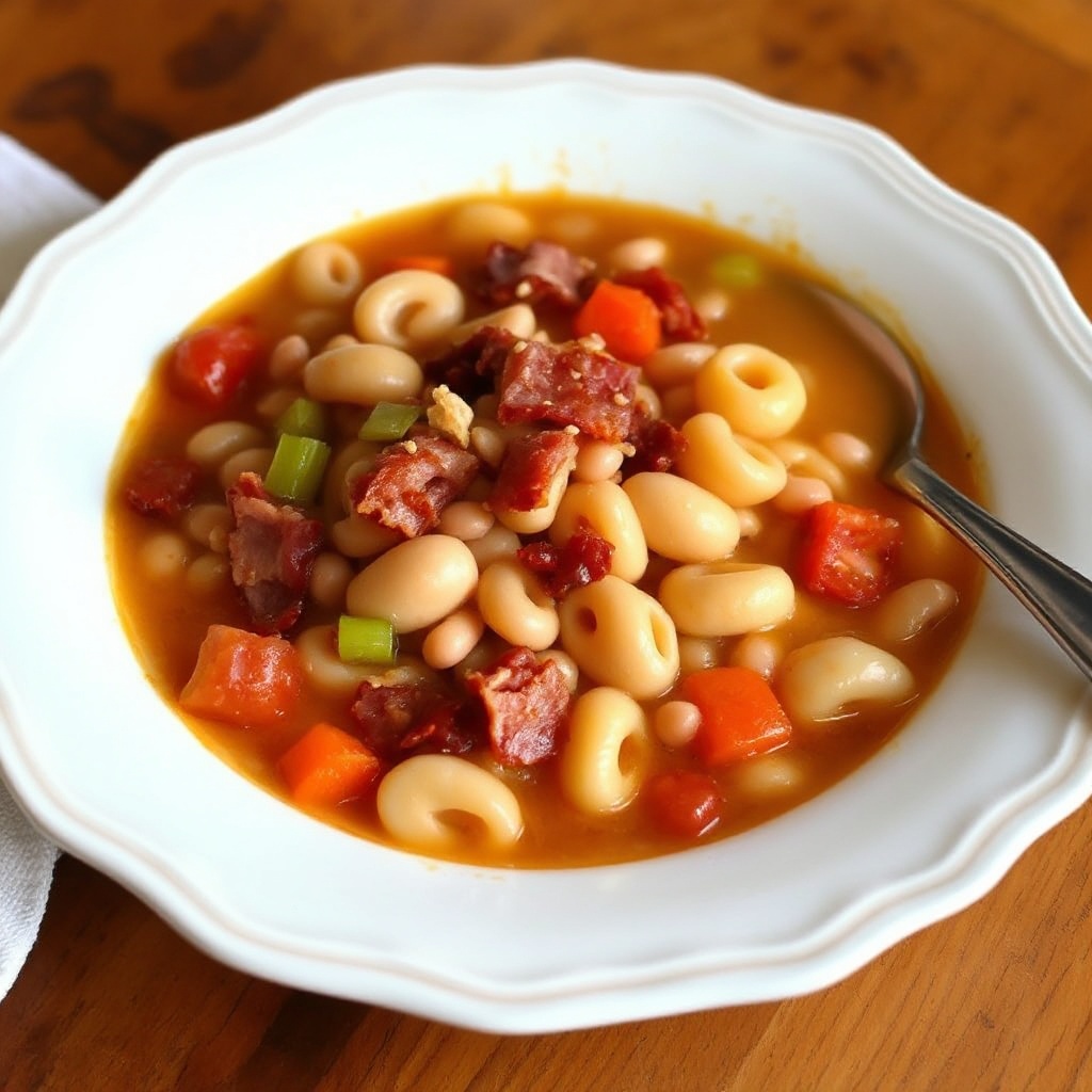 Herzhafter Speck- und Bohnensuppe mit Pasta