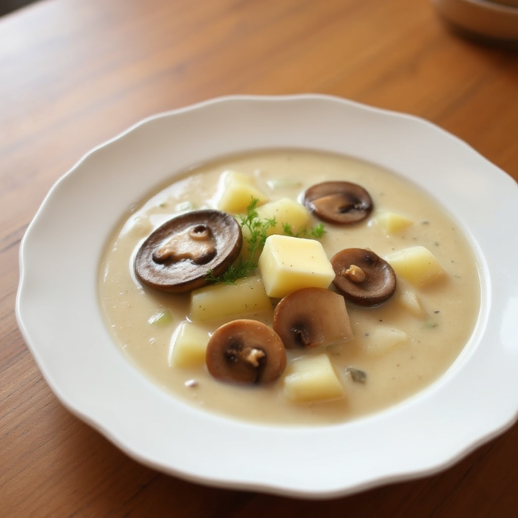 Cremige Kartoffel-, Lauch- und Pilzsuppe