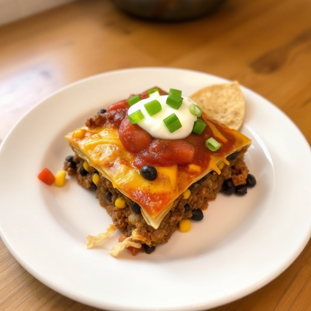 Schichtauflauf mit Rindfleisch und Bohnen in Tortillas