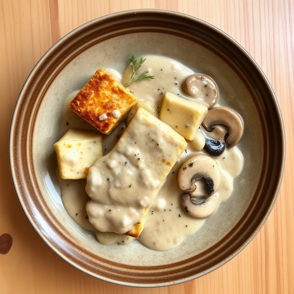 Knuspriger Tofu mit cremiger Pilzsauce