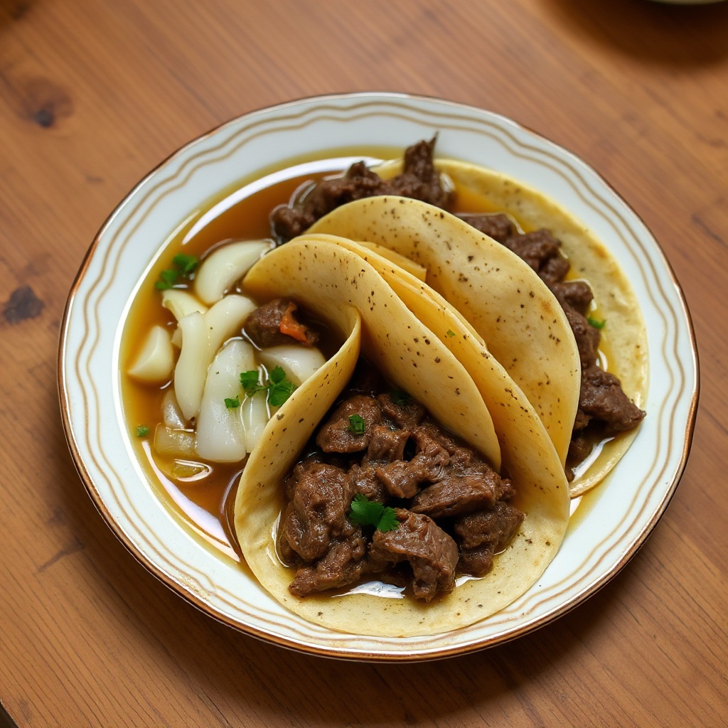 Tacos di Manzo Salati con Brodo Aromatico