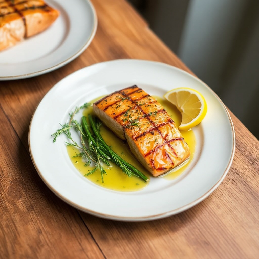 Salmone alla Griglia su Tavoletta di Cedro con Glassa agli Agrumi e Erbe