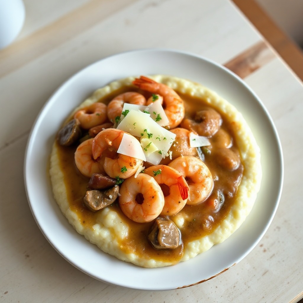 Gamberi in Stile Meridionale e Grits Cremosi con Salsa Saporita
