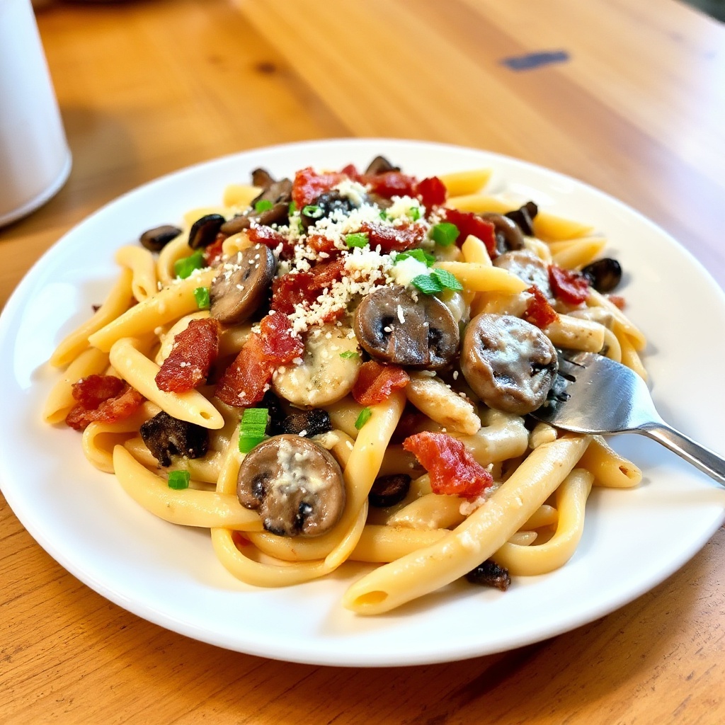 Penne Cremoso con Bacon e Funghi