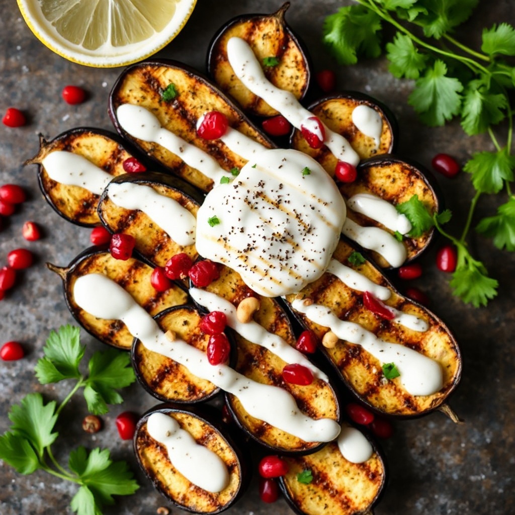 Lemon Cumin Grilled Eggplant with Tahini Yogurt Drizzle