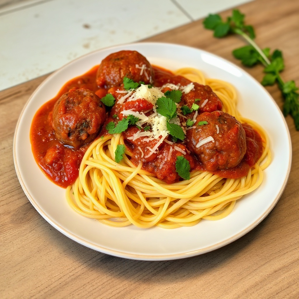 Spaghetti with Savory Tomato Sauce and Herb-Infused Meatballs