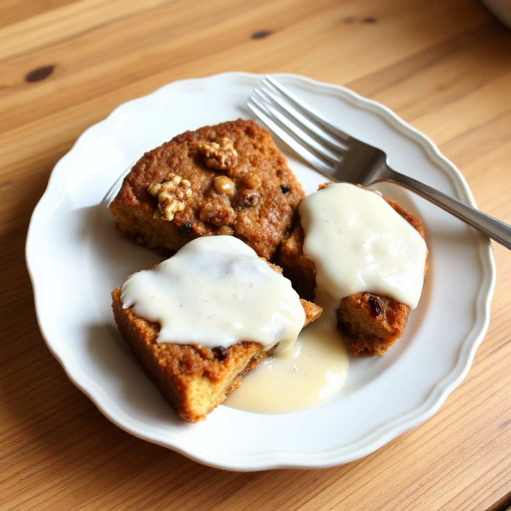 Gewürzter Apfel-Walnuss-Kuchen mit cremiger Vanillesoße