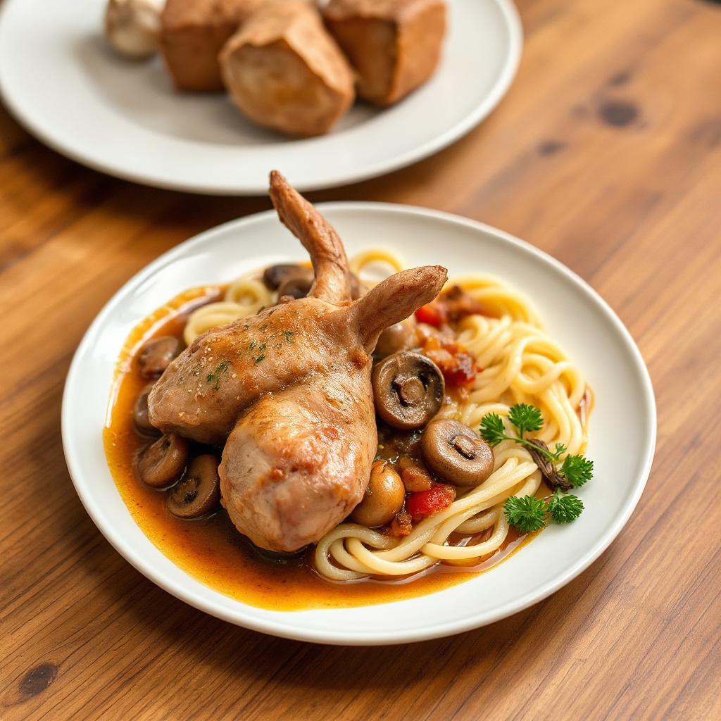 Geschmortes Kaninchen mit Weißwein und Pilzsauce