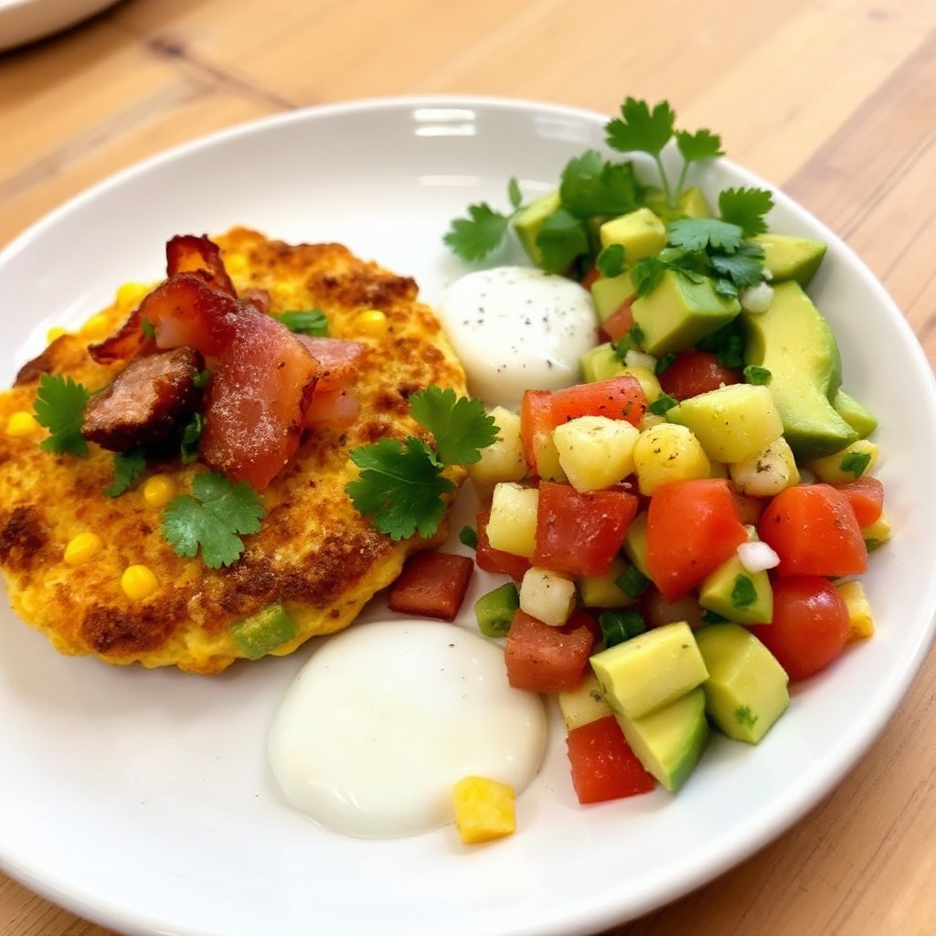 Goldene Maisfrikadellen mit knusprigem Speck und würziger Avocado-Salsa