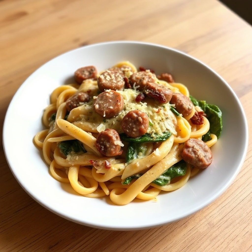 Cremige Wurst- und Spinat-Penne