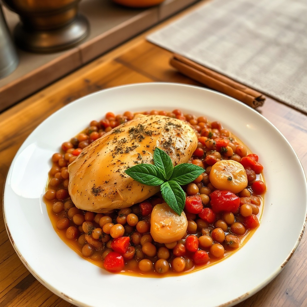 Gewürztes Hähnchen mit Linsen und Tomaten