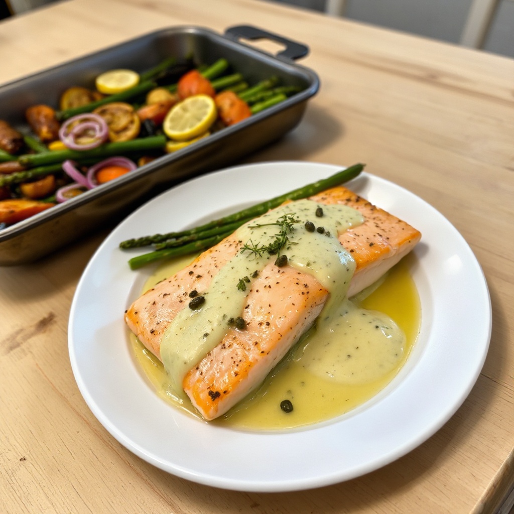 Gebratener Lachs mit Zitronenkräutersauce und geröstetem Gemüse