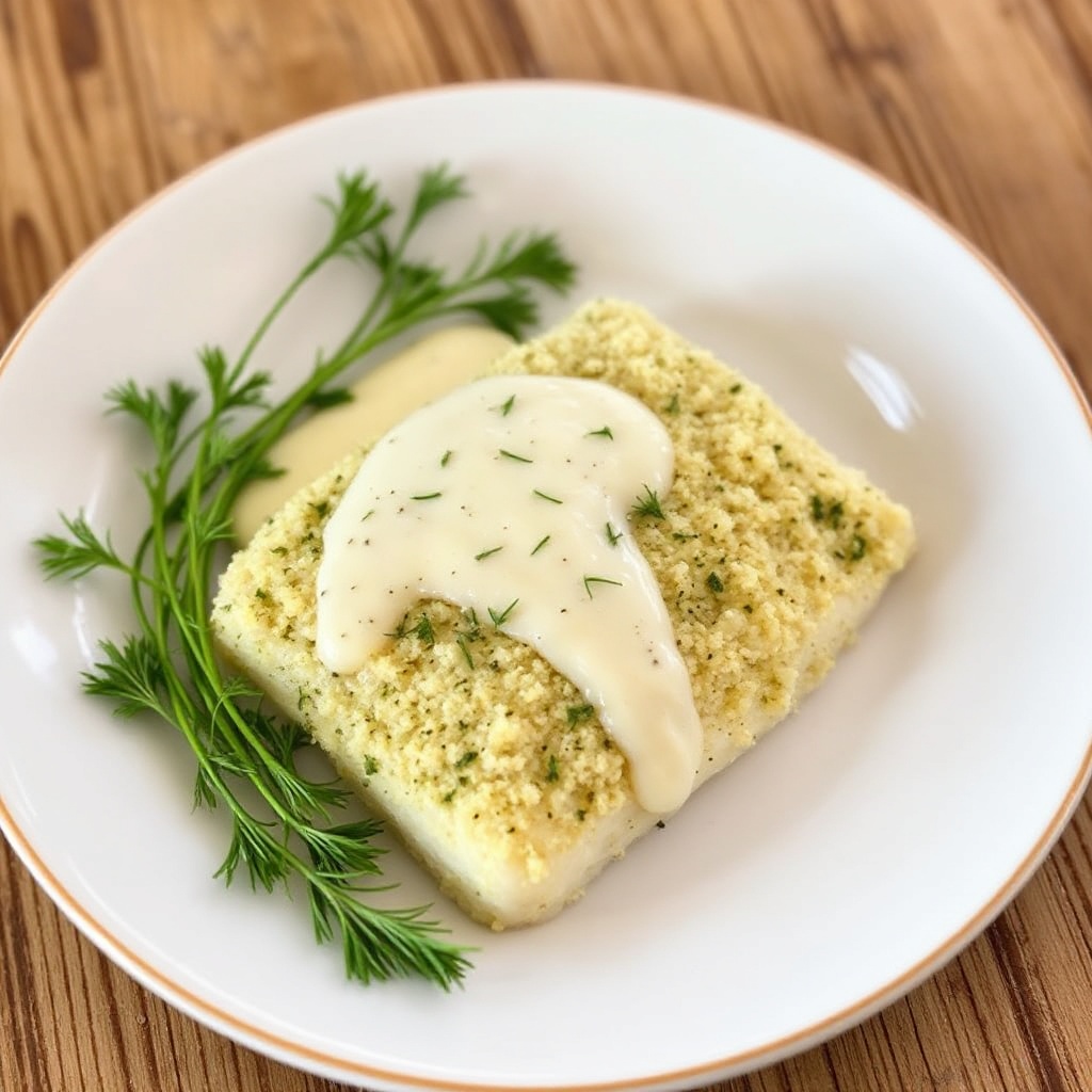Kräuterkruste-Kabeljau mit Zitronen-Knoblauch-Sauce