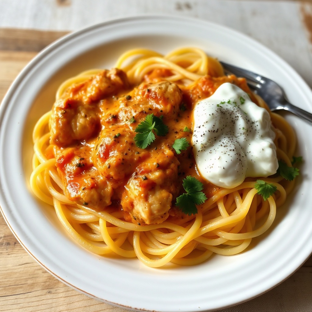 Cremiges Paprika-Hühnchen mit Kräuternudeln