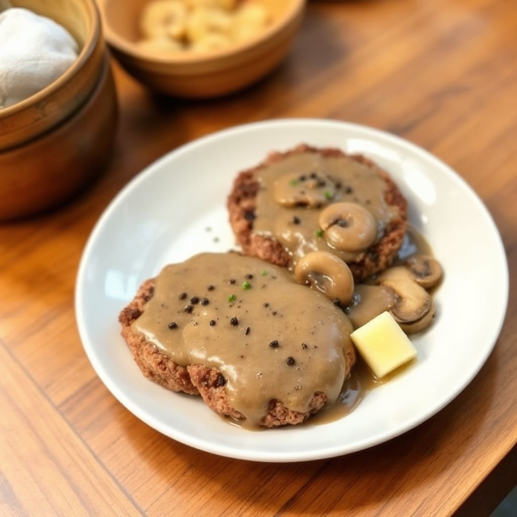 Herzhafte Pfefferbeef-Patties mit Pilzsauce
