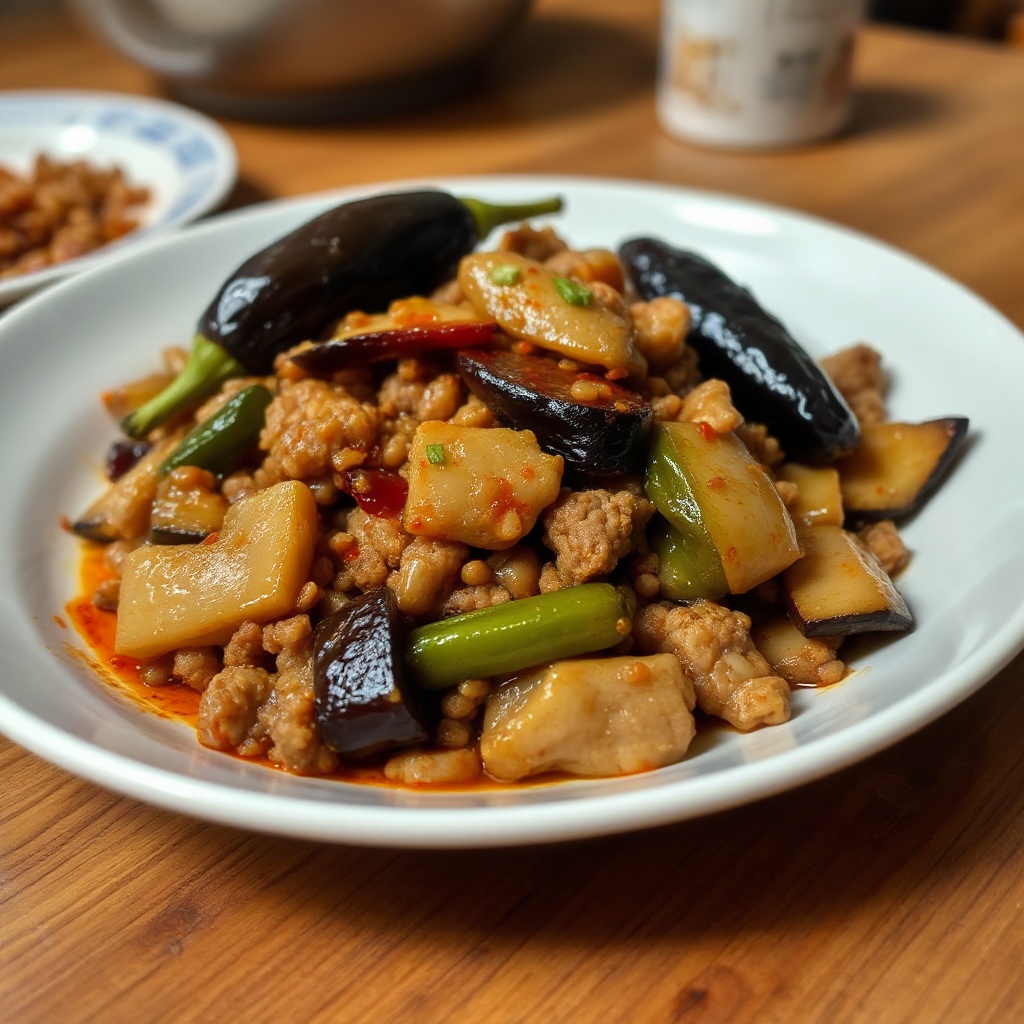 Scharfes Szechuan-Auberginen-Wokgericht