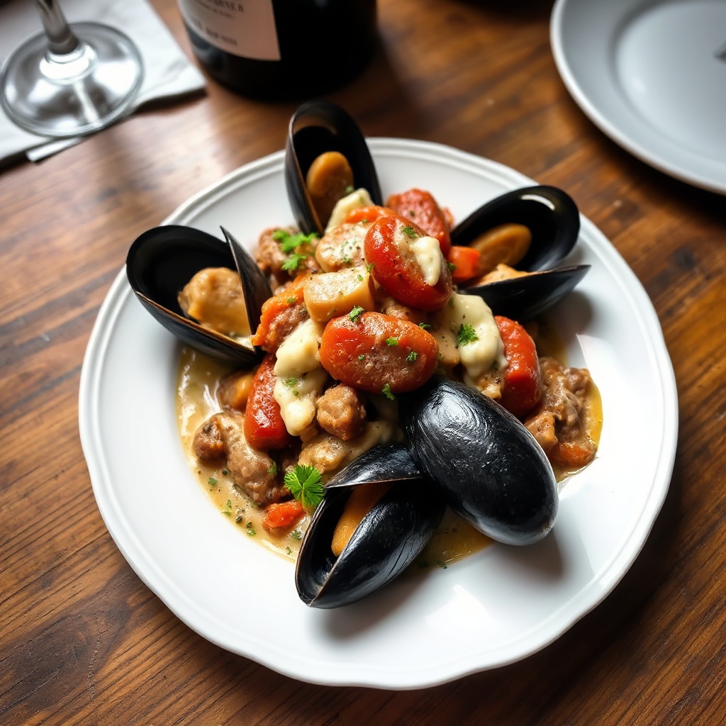 Mussels with Spicy Sausage, Tomato, and Creamy Wine Sauce