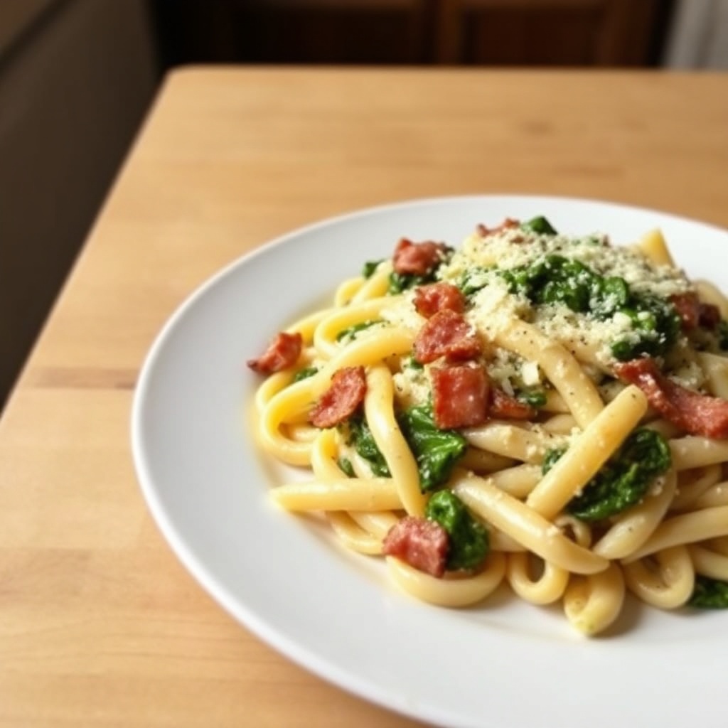 Cremige Spinat-Bacon-Pasta-Delikatesse