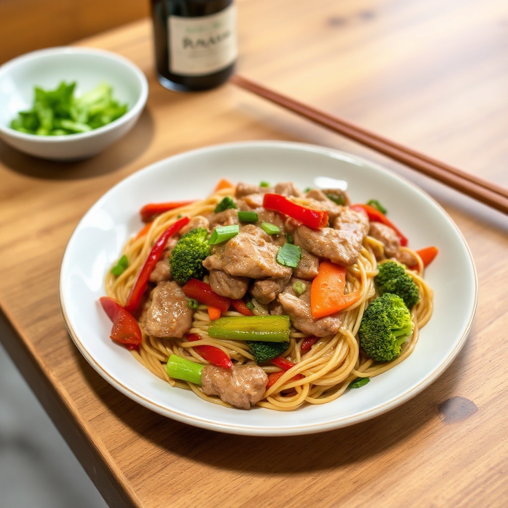Schnelle und schmackhafte Schweinefleisch-Nudeln aus dem Wok