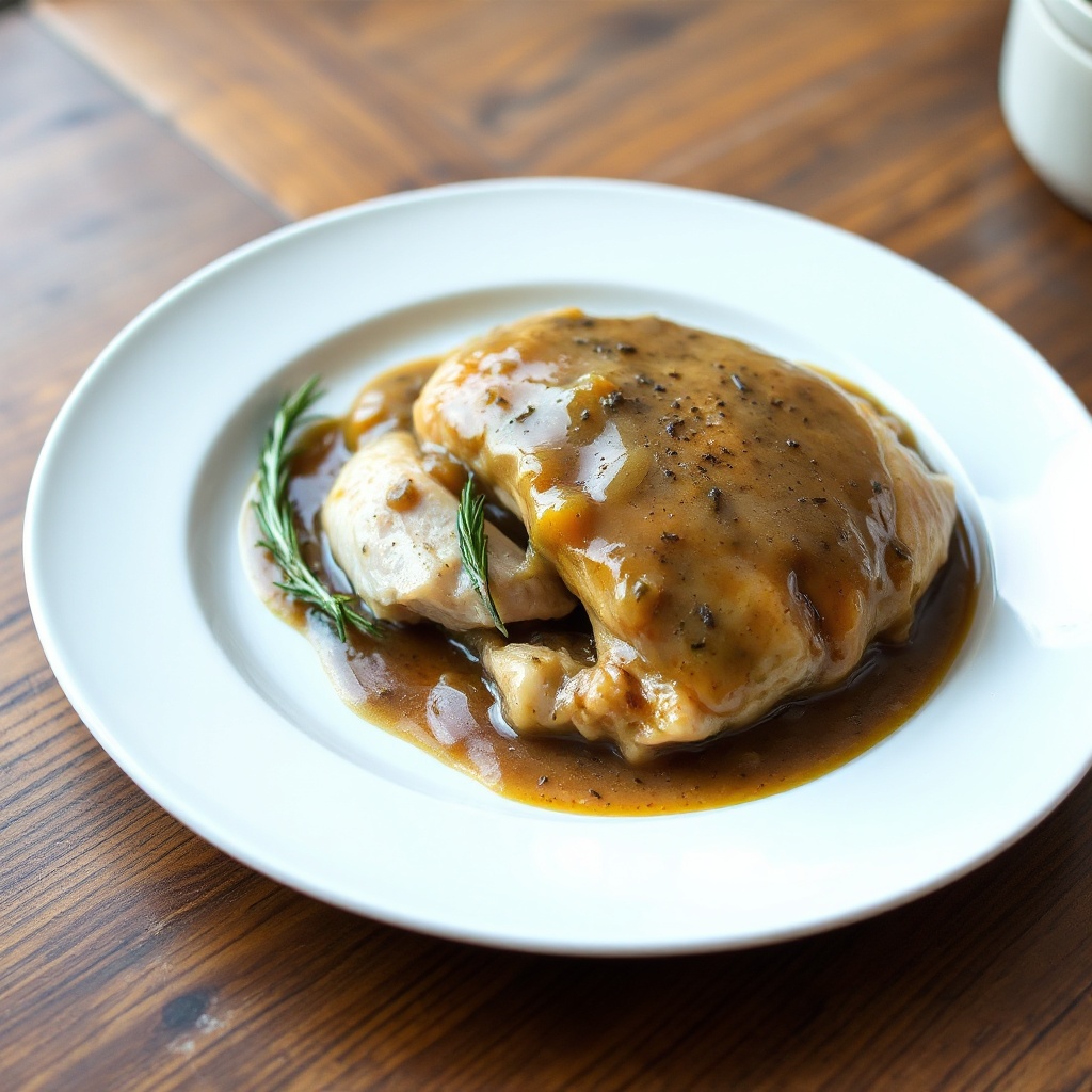 Kräuter-infused Bratputen mit Zwiebel-Balsamico-Soße