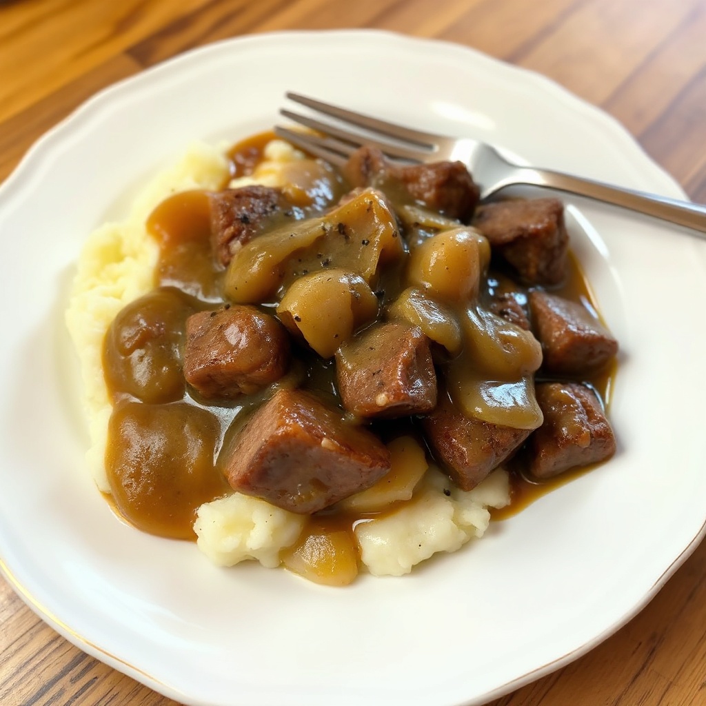 Bistecca Cubica Salata con Salsa di Cipolla