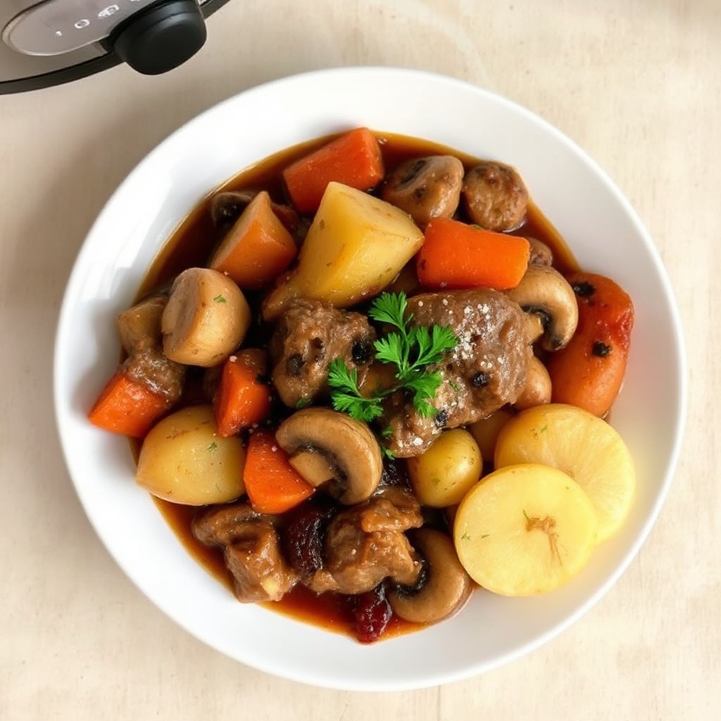 Langsame Kochplatte herzhaftes Pilz-Rindfleisch-Eintopf
