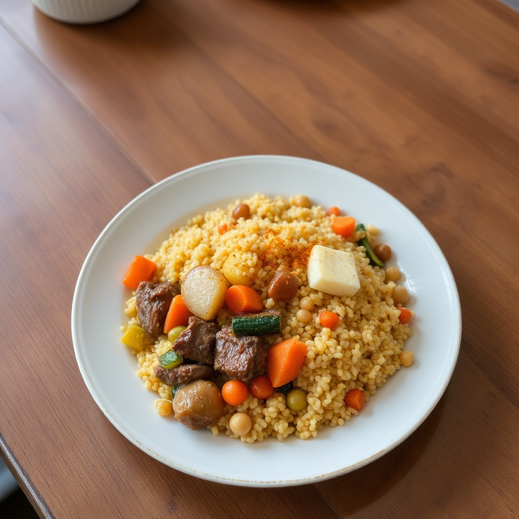 Marokkanischer Couscous mit gewürztem Fleisch und Gemüse