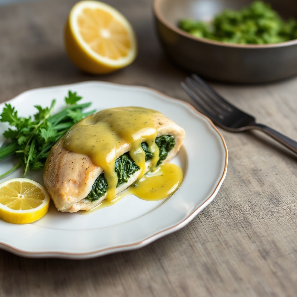 Mit Spinat gefülltes Hähnchen mit Zitronen-Senf-Sauce