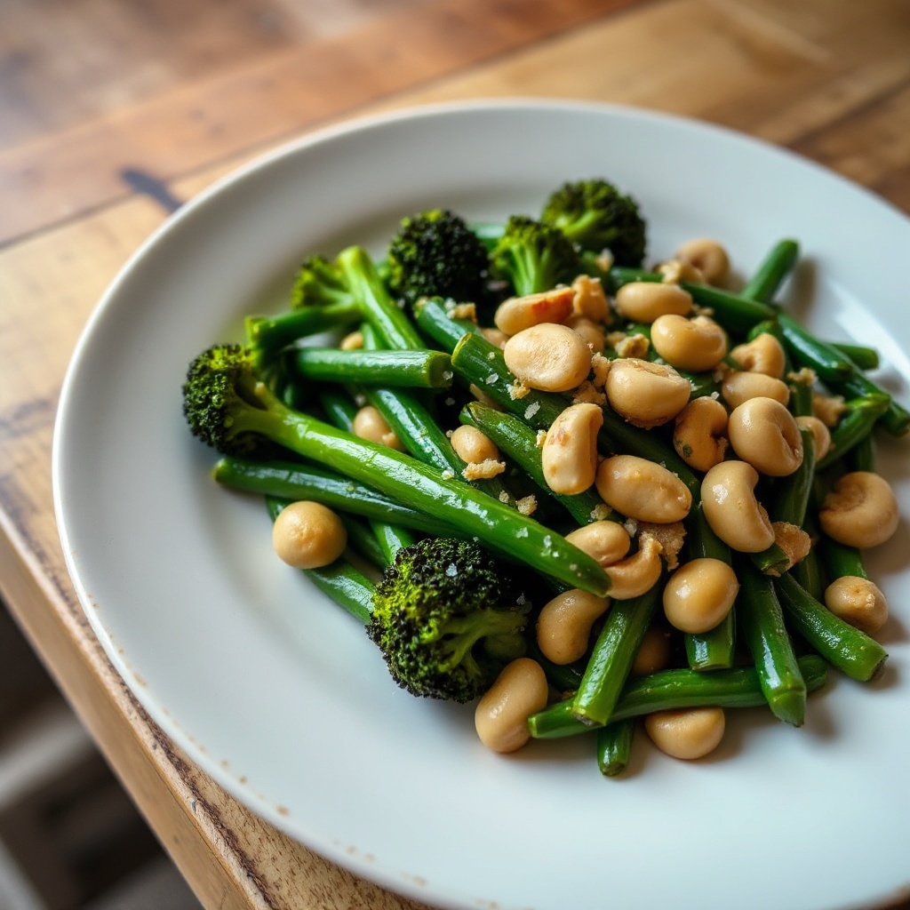 Gebratener Brokkoli und grüne Bohnen mit Cashew-Crunch
