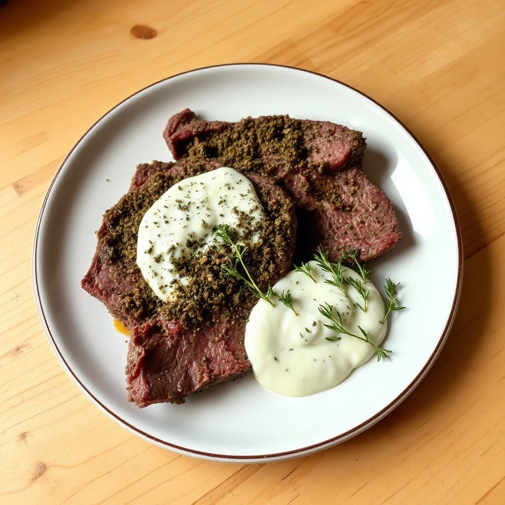 Langsam gekochtes Rinderbraten mit Kräuterkruste und cremiger Meerrettichsauce
