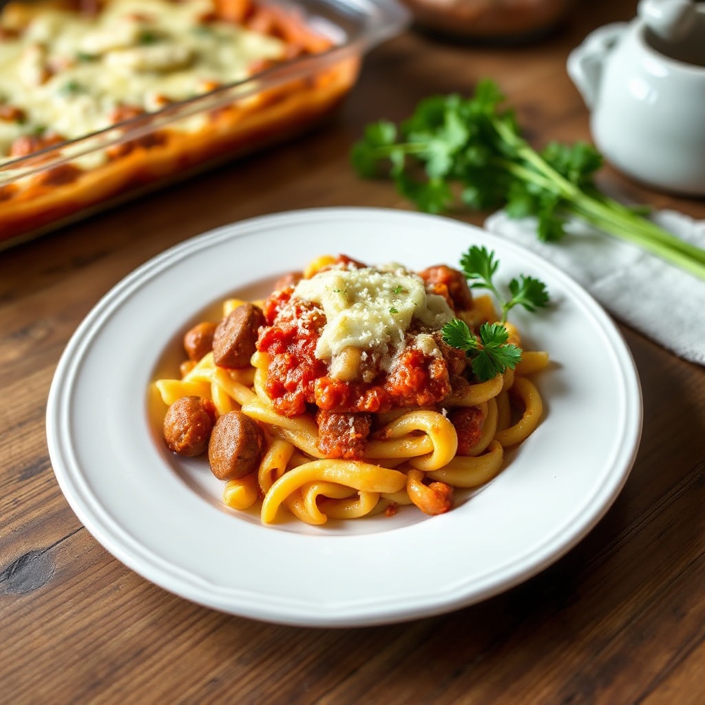 Rigatoni al Forno in Stile Toscano con Salsiccia e Fagioli