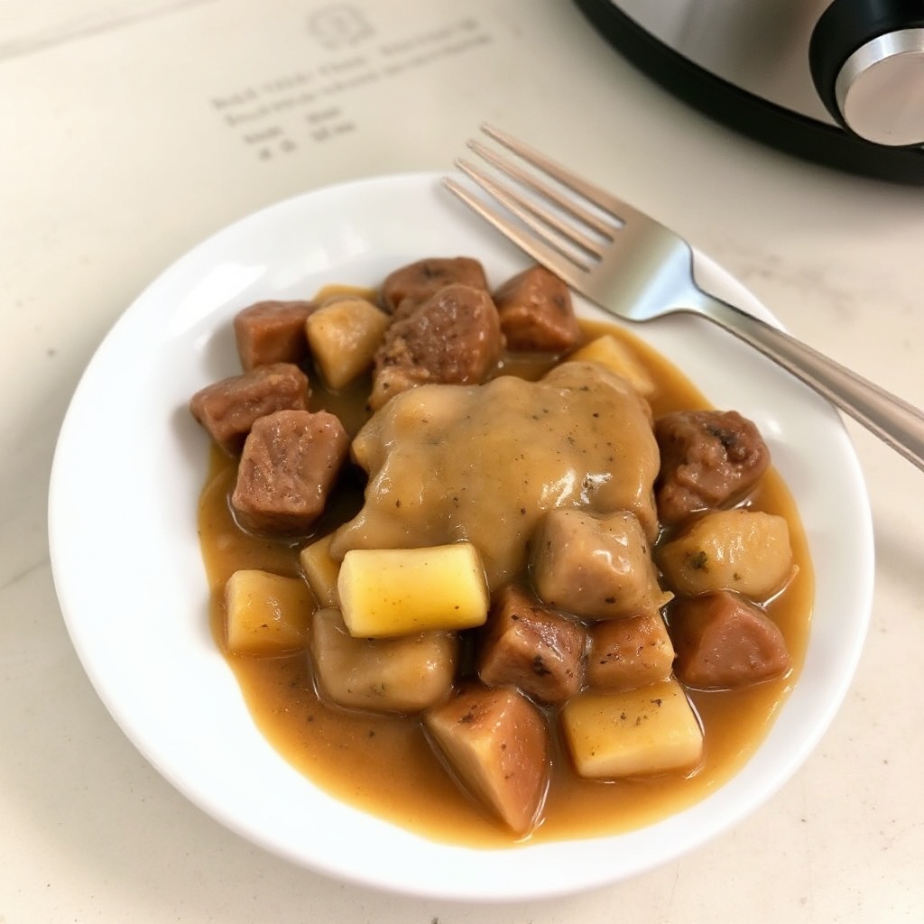 Langsame Kochplatte mit herzhaftem Würfelsteak und Zwiebelsoße