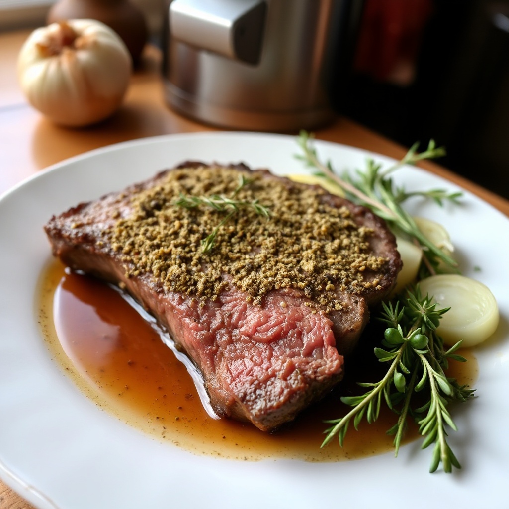 Kräuterkruste Rinderbraten mit Knoblauchjus