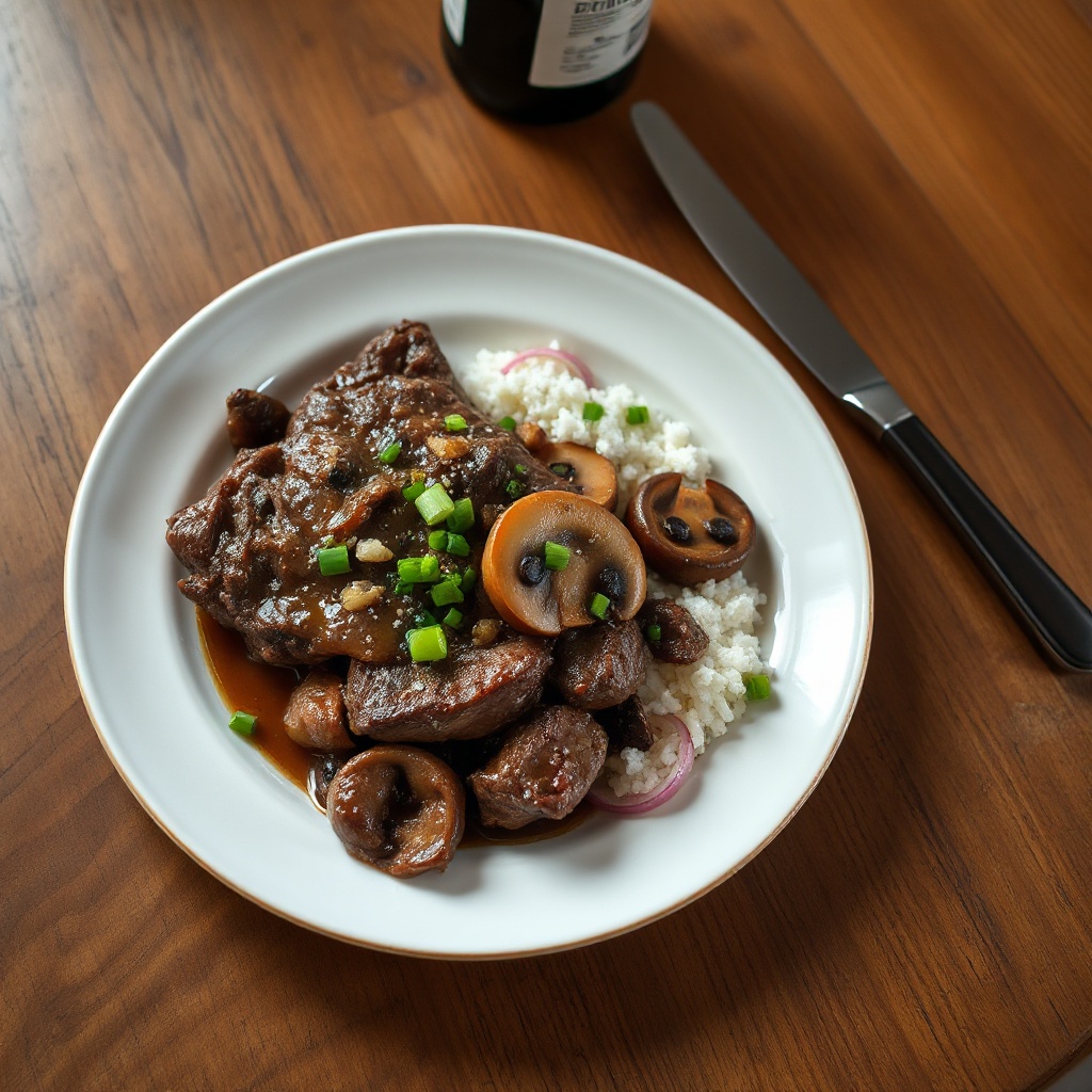 Langsam gegartes Steak mit Pilzen und Zwiebeln