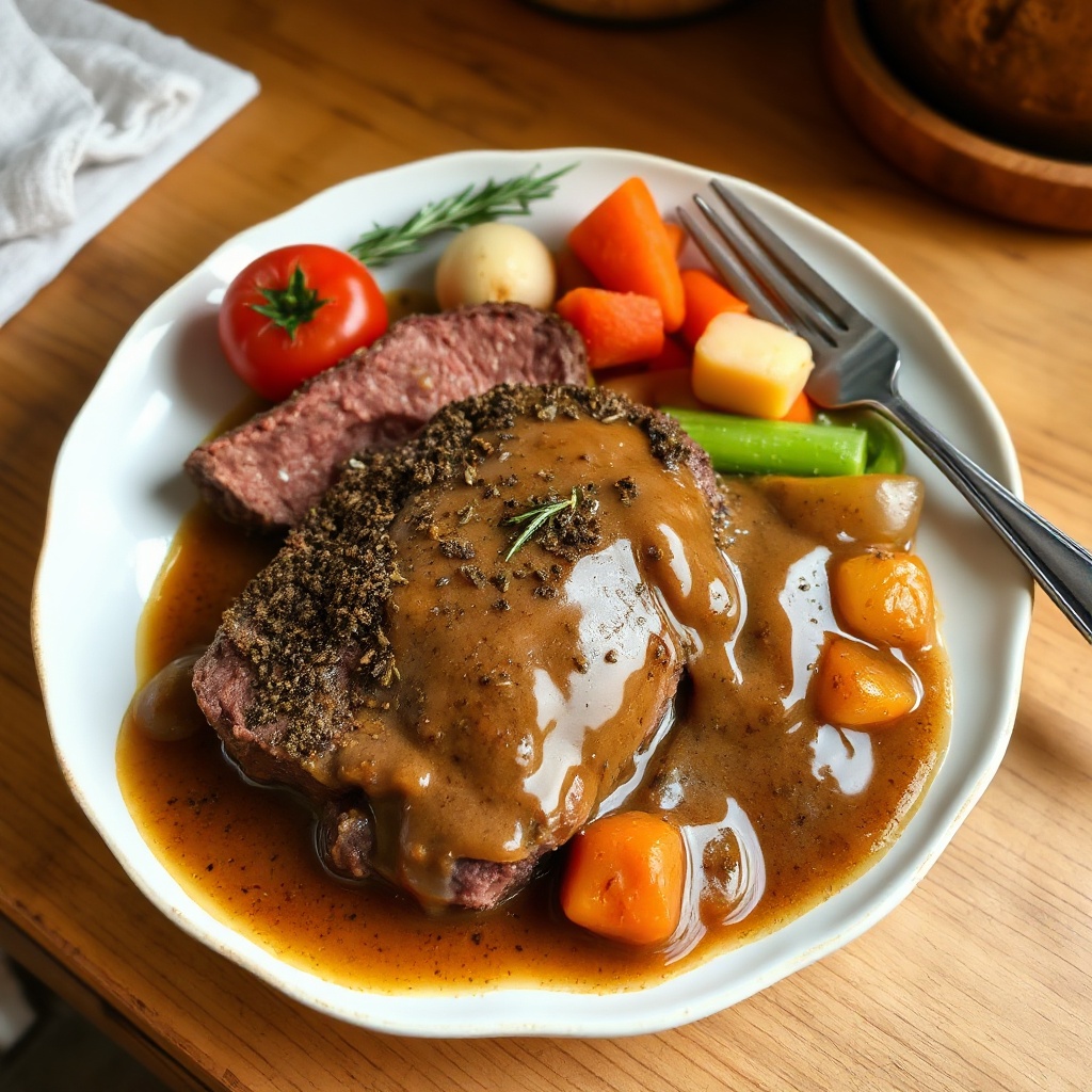 Kräuterkruste Rinderbraten mit reichhaltiger Soße