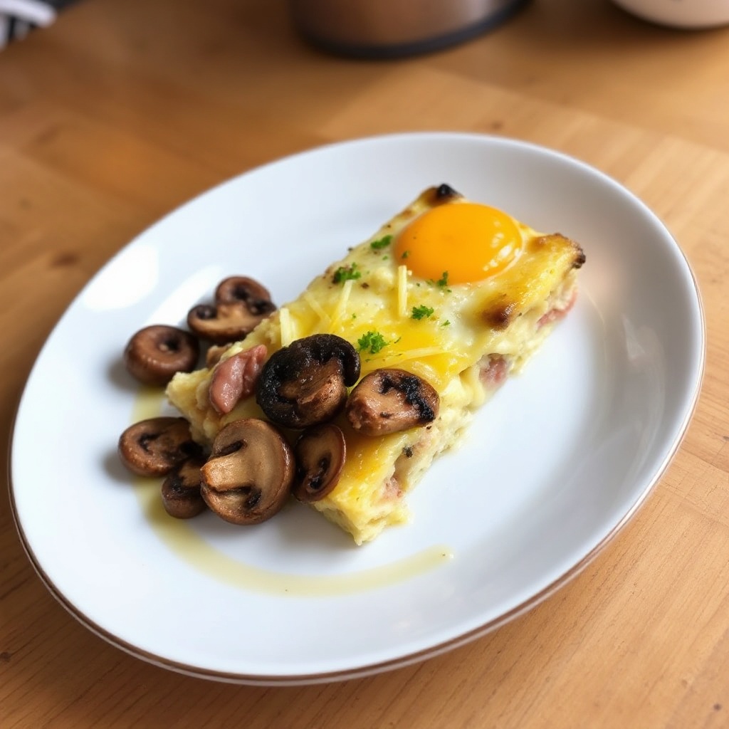 Herzhafter Frühstücksauflauf mit Pilzen und Schinken
