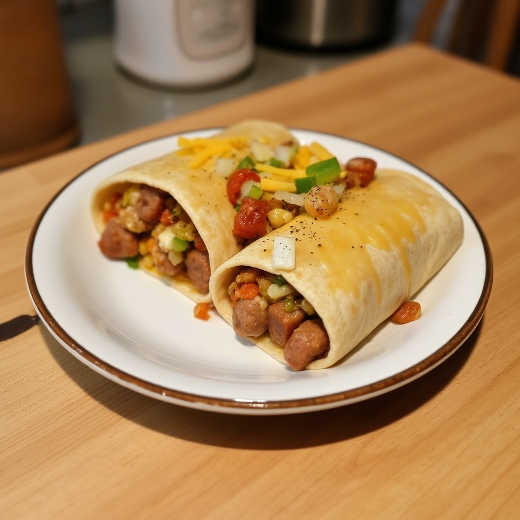 Herzhafte Frühstücksburritos mit Wurst und Käse