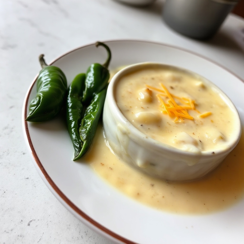 Zuppa Cremosa di Patate e Formaggio con Peperoni Arrostiti
